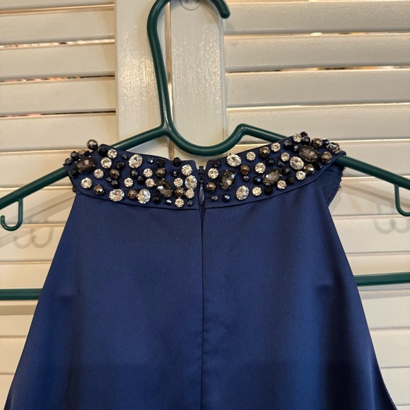 Eliza J Navy Satin Beaded Neckline Evening Gown - Picture 8 of 9